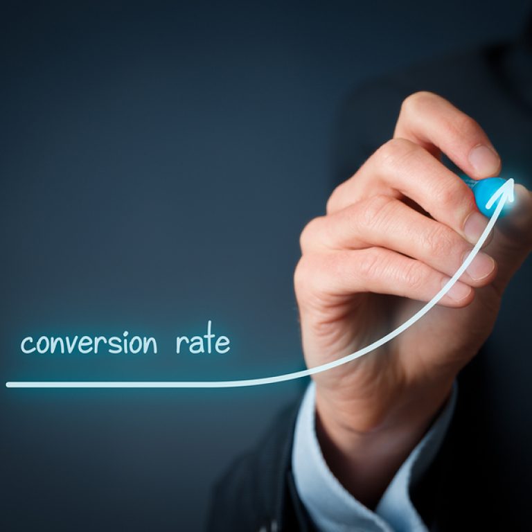 Conversion rate (internet marketing) concept. Businessman (marketer) draw growing graph of rise conversion rate.